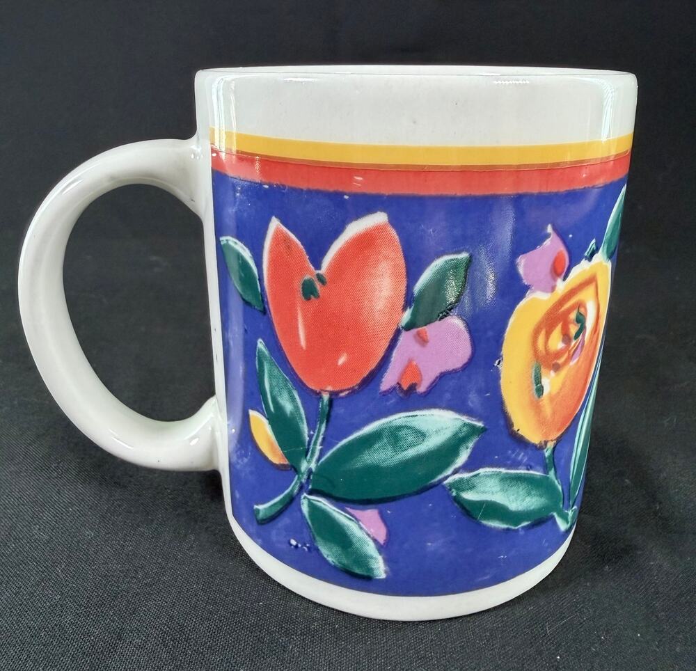 Vintage Gibson Housewares Floral Mug Blue Tulip Flower Retro 1980s 1990s